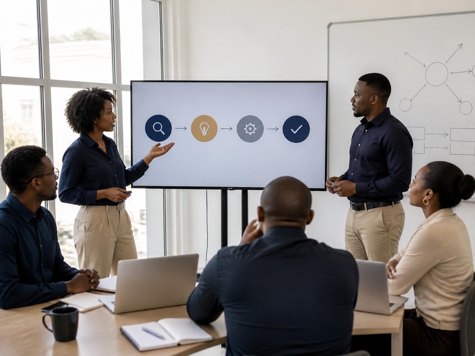Consultores angolanos em workshop de onboarding com diagrama de processo em Luanda