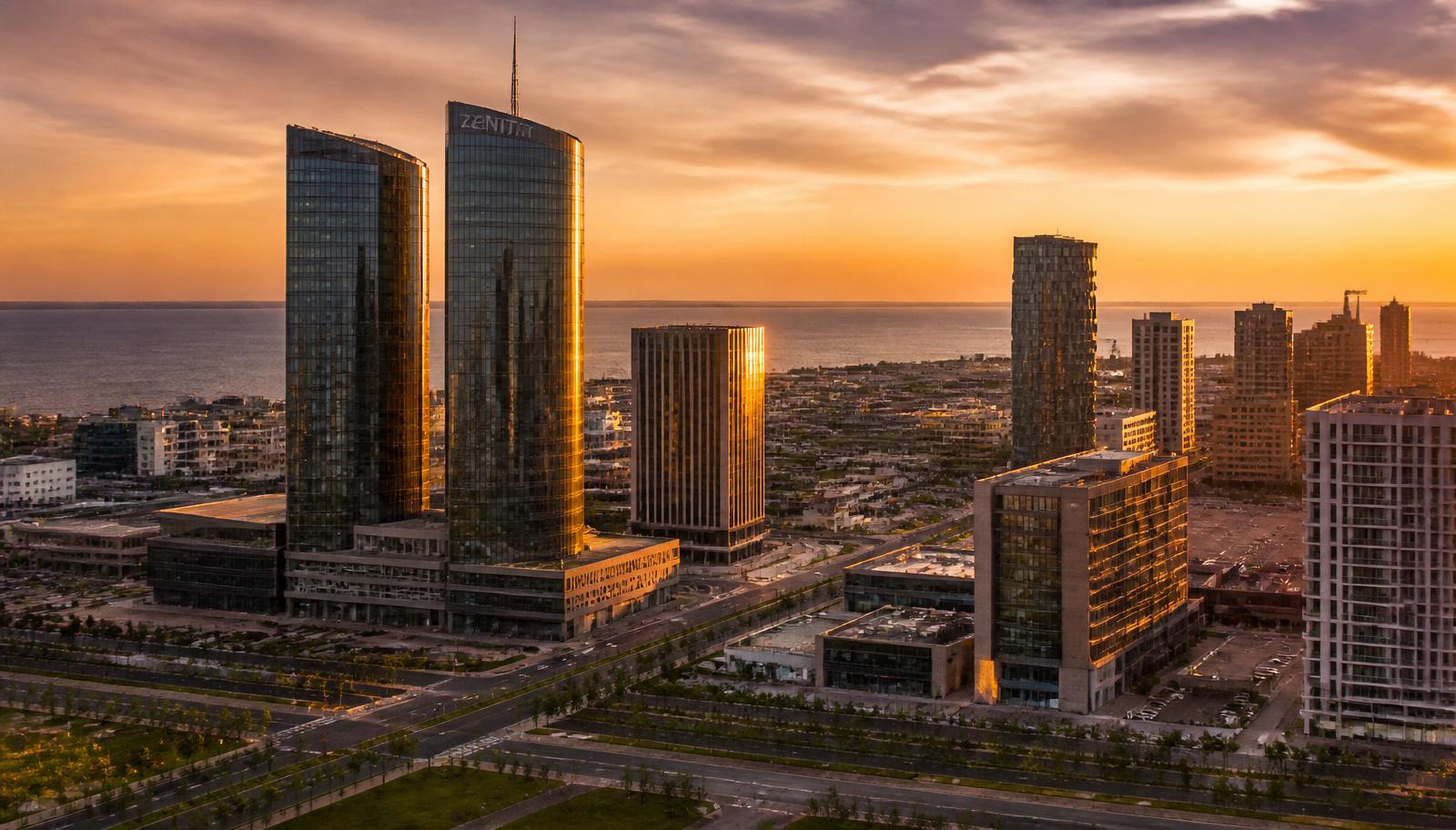 Zenith Towers em Talatona, Luanda, ao pôr-do-sol